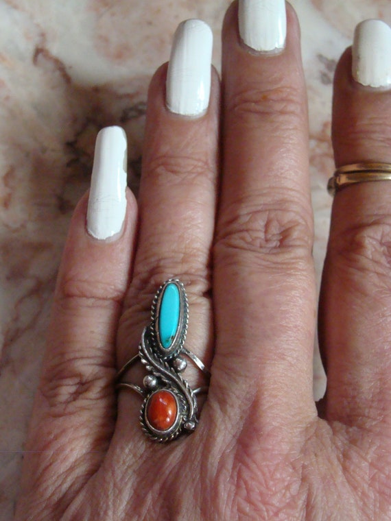 Sterling Native American Turquoise & Coral Ring S… - image 5