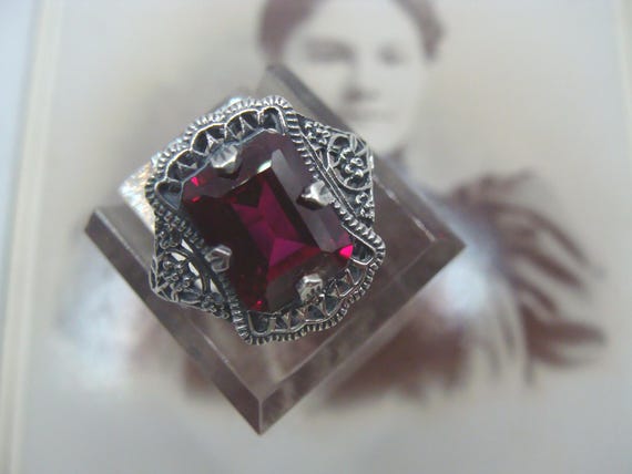 Charming Sterling  Ruby Filigree  Ring Size 7 - image 2