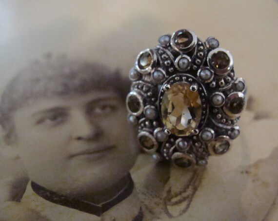Lovely Sterling Citrine & Seed Pearl  Ring  Size 5 1/2