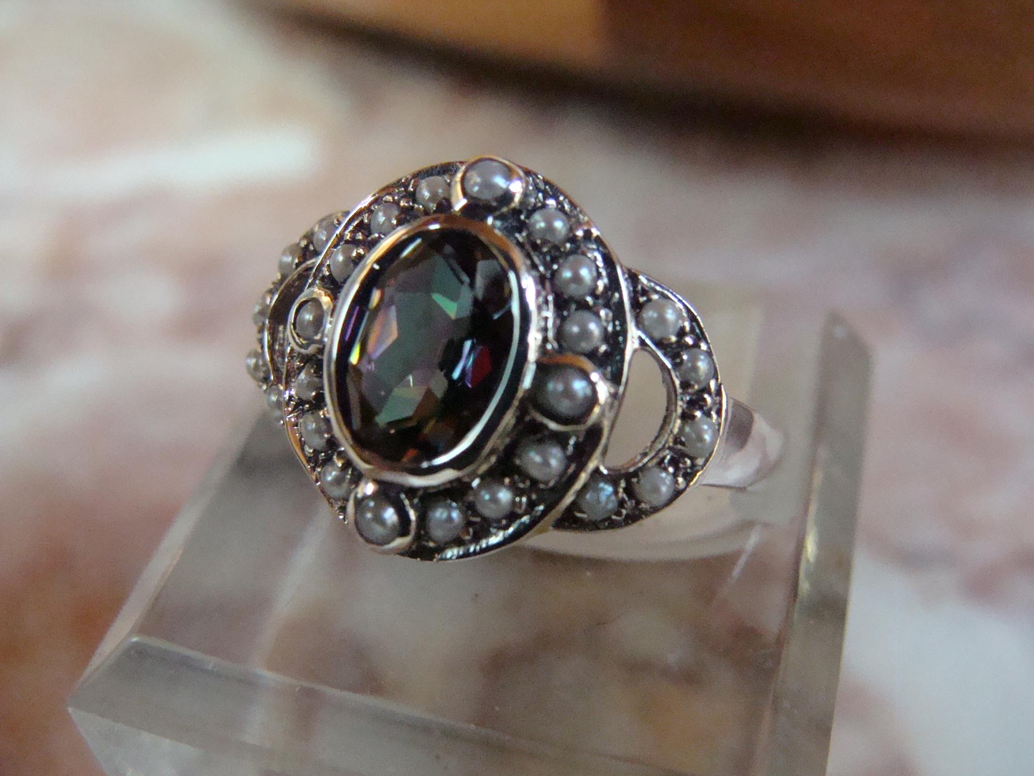 Pretty Sterling Silver Mystic Topaz & Seed Pearl  Ring  Size 5 3/4