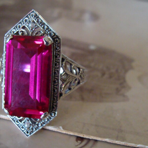 Atemberaubende Sterling Silber Ruby & Seed Pearl-Ring-Größe 9-Art-Deco