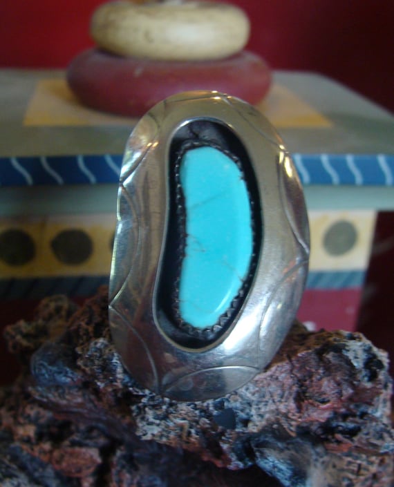 Huge Sterling Native American Sleeping Beauty Turquoise Ring Size 6