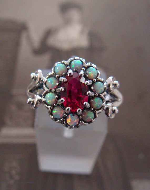 Pretty Sterling Ruby & Opal  Ring  Size 6