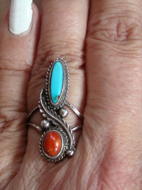 Sterling Native American Turquoise & Coral Ring S… - image 4