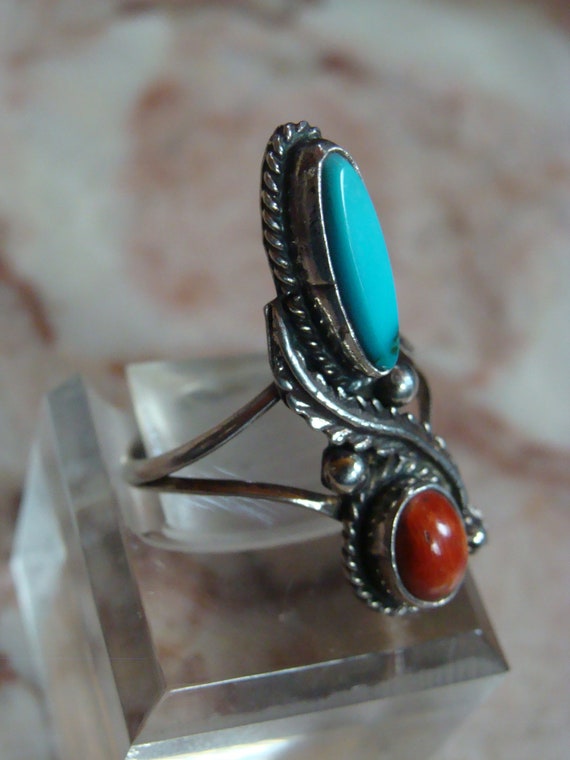 Sterling Native American Turquoise & Coral Ring S… - image 3