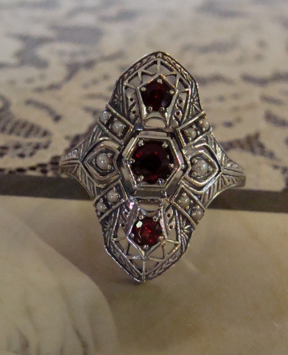 Art Deco design Sterling Silver Garnet & Seed Pea… - image 1