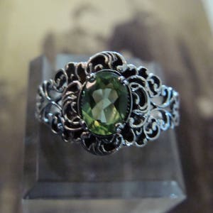 Lovely Sterling Silver Filigree Natural Peridot Ring  Size 8 Victorian design
