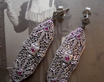 Sterling Silver Filigree Ruby & Seed Pearls Victorian style Earrings...Lovely