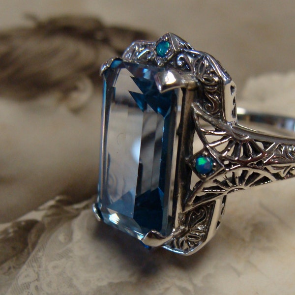 Stunning Sterling Silver Aquamarine & Opal  Ring size 5 3/4  Victorian Style Filigree