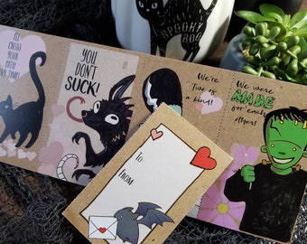 Hallowtines for Valloween! Valentine cards for Halloween and Valentine's Day. Fun, cute cards with monsters, bats and cryptids. Perforated.