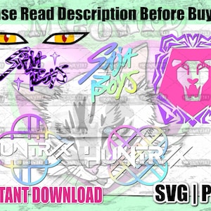 May include: Digital graphic design elements in various styles. Includes text that says "Spirit Pops", "Spirit Boys", "Hunter", and "Instant Download". Also features a lion head and stylized eyes. The image is available in SVG and PNG formats.