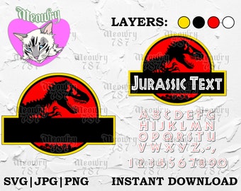 May include: A digital download of a Jurassic Park inspired logo featuring a dinosaur silhouette. The logo is red, yellow and black with a black rectangle for text. The text "JURASSIC TEXT" is in yellow letters. The download includes an alphabet and numbers in red with a white outline.