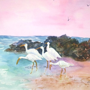 Ibis, Florida, Original Watercolor Painting, Seascape, Beach Scene,Birds