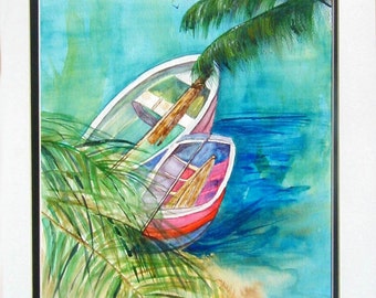 Boats,Row Boats, Fishing Boats, Original Watercolor, home decor, lake, beach scene, handpainted