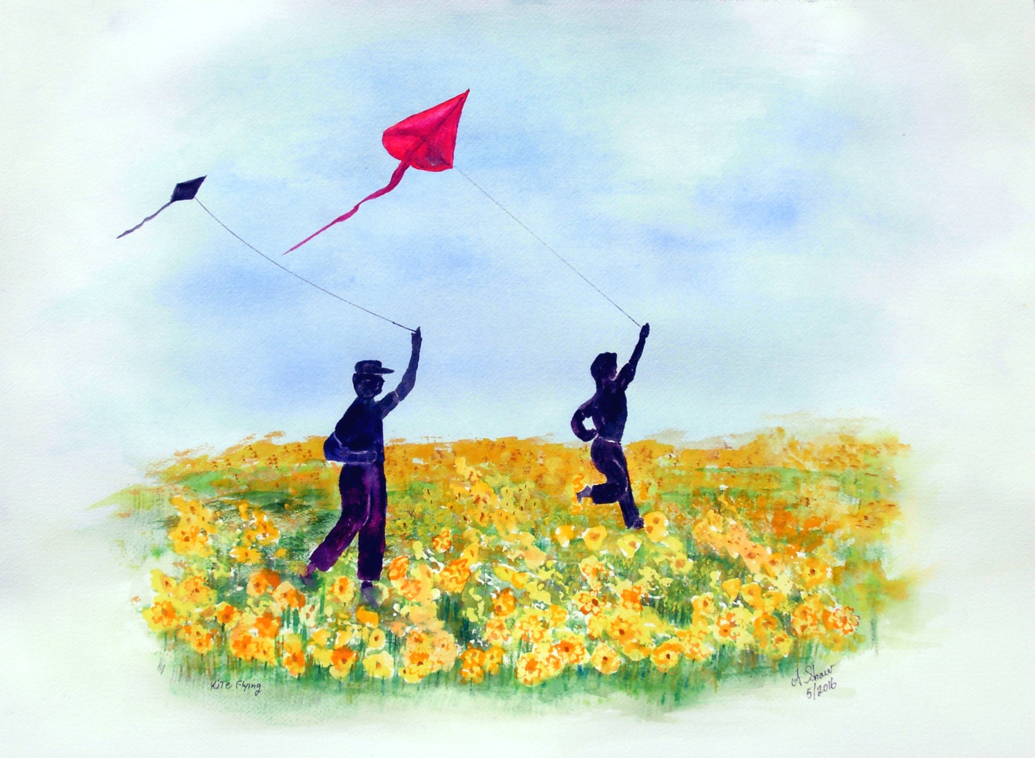 Kite Flying Original Watercolor Painting 18 x 24 handmade Etsy