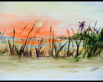 Painting, Sunset, Landscape, Original Watercolor,Florida Beach Scene,