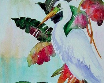Egret, Bird, Watercolor Painting, Florida, White Bird, Home Decor, Housewarming Gift, Wall Art, Wall Hanging
