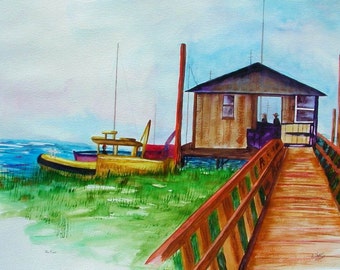 Fishing Pier, Original Watercolor Painting,Boat dock