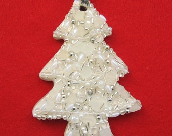 Christmas SEAGLASS TREE Mosaic Handcrafted Ornament Silver Sparkly Beads