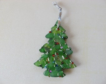 SEAGLASS Christmass Tree Mosaic Handcrafted Ornament Red Green & Silver sparkly beads