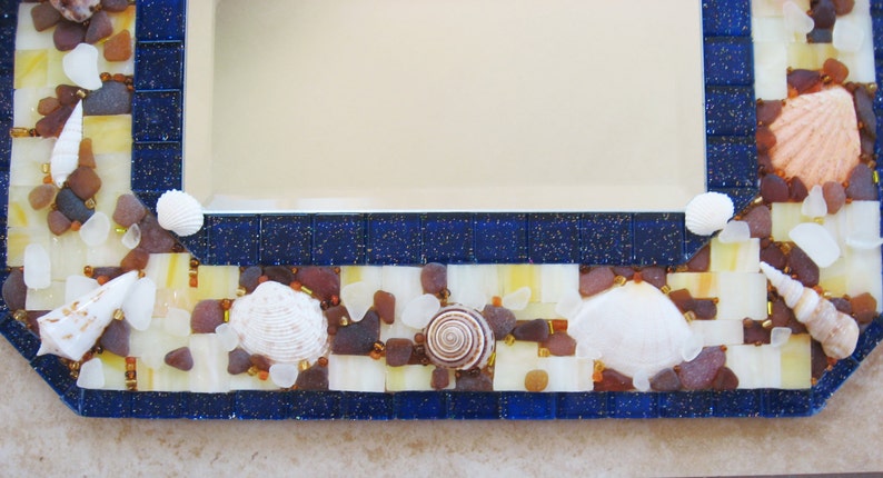 Seaglass Art Seashell Mirror Stained glass, shells and Sea Glass with Sparkly Beads Coastal Inspired Home Decor image 4