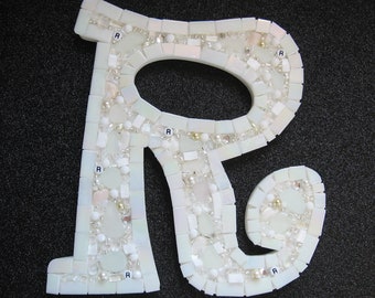 Mosaic Letter R Initial Ooak White with Sparkly beads, shells, seaglass & Stained glass