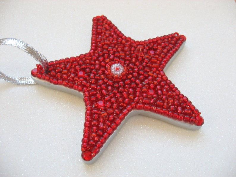 Star Ornament with Sparkly Beads Red with White Italian Millefiore Collectible mosaic Holiday gift image 2