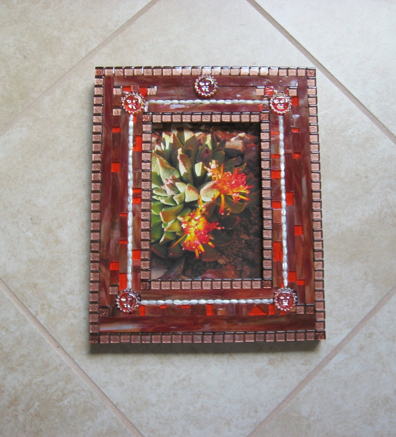 Ooak Mosaic photo Frame 9x11 Colorful Southwestern Sun Frame Orange Copper Brown image 1