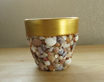 Ooak Mosaic Shell Flowerpot Cachepot Handcrafted Sparkly Beads & Shell Chips Elegant Gold