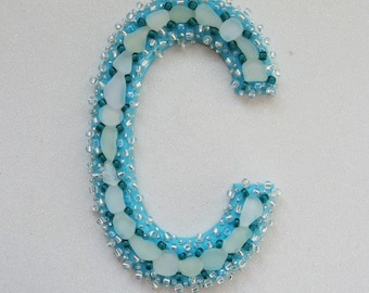 Mosaic Letter C Coastal Inspired Decor with White Sea Glass and Sparkly Beads