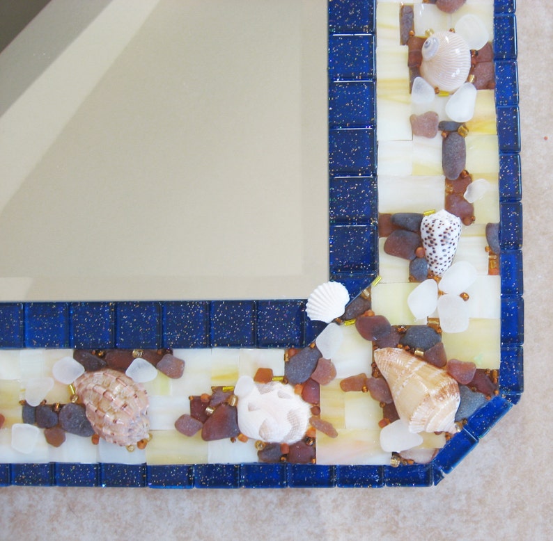 Seaglass Art Seashell Mirror Stained glass, shells and Sea Glass with Sparkly Beads Coastal Inspired Home Decor image 3