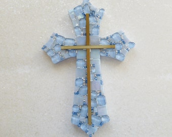 Baptism Christening Gift Mosaic Art Wall CROSS Baby blue iridescent tiles and sparkly beads  faith-based Gift Wall Decor