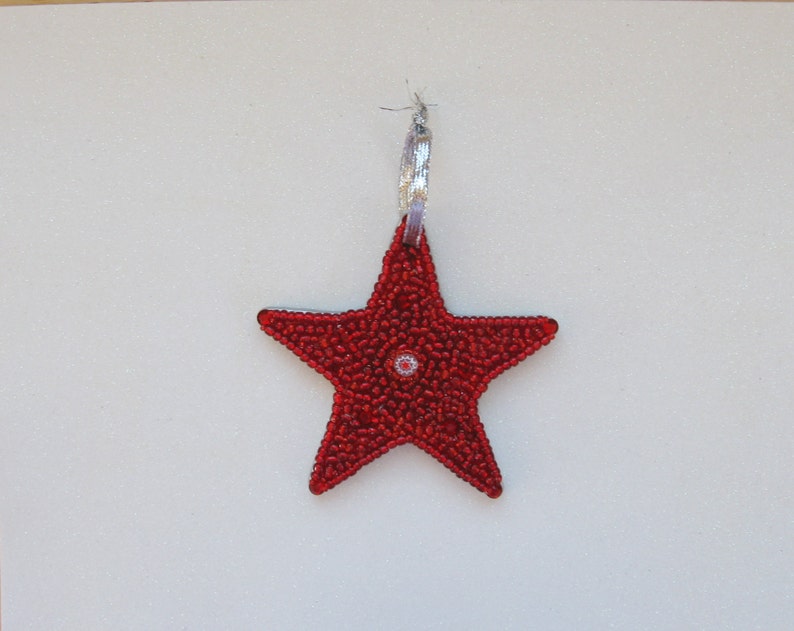 Star Ornament with Sparkly Beads Red with White Italian Millefiore Collectible mosaic Holiday gift image 1