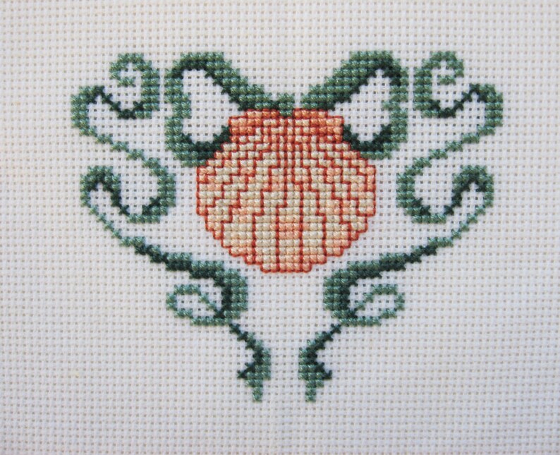 Finished Cross Stitch Seashell Design in peach cream coral | Etsy