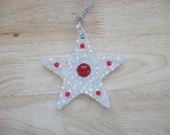 Star Ornament with Sparkly Beads Red Silver mosaic Holiday gift