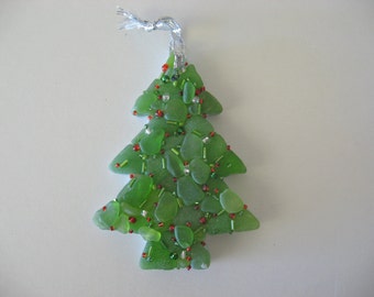 Christmas SEAGLASS TREE Mosaic Handcrafted Ornament Red Green & Silver sparkly beads