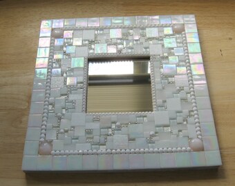 Mosaic Glitzy Mirror Handcrafted Iridescent White with sparkly Beads  Great Gift for Elegant Home Decor