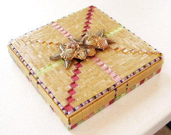 OOAK Mosaic Treasure Box with Brass Seashells Coastal Inspired Great Gift