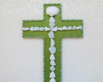 Baptism Christening Gift Mosaic Art Wall Cross Seaglass Seashell faith-based Gift Wall Decor