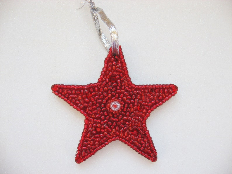 Star Ornament with Sparkly Beads Red with White Italian Millefiore Collectible mosaic Holiday gift image 4