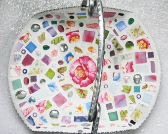 Vtg Tin Basket Tray Handcrafted with shabby Rose China mosaic,beads and gems, Home Decor Gift