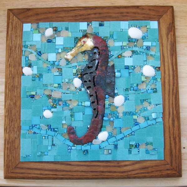 Seahorse Mosaic ooak Wall Art 13x13  Handcrafted with  metal art,mosaic tiles, Sea Glass, Seashells & Sparkly Beads