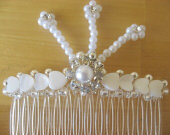 WEDDING HAIR COMB Hearts Rhinestones Silver & White Hair accessories Prom