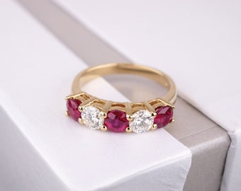 Ruby and Diamond Anniversary Ring with Diamond and Ruby 5 Stone Ring, 14kt Yellow Gold