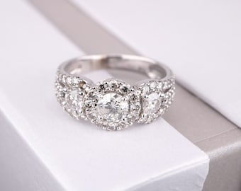 Three Stone Diamond Halo Engagement Ring with Pave Diamonds 14kt White Gold, Cheap Diamond Engagment Ring 3 Stone Diamond Ring