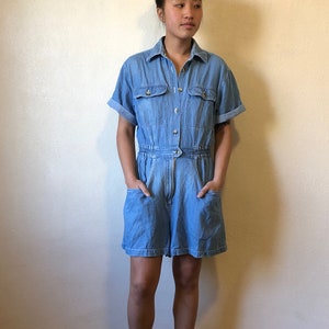 Vintage Medium Wash Short Sleeve Button Down Denim Romper / Jean Playsuit Fitted Waist / Double Breasted Pockets Simple Cotton Blue Jumpsuit