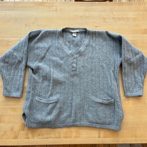Vintage Gray Wool Oversized V neck Sweater with Pockets and Muted Stripe Pattern