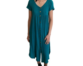 Vintage Teal Cotton Babydoll Dress: Retro Gold Buttons