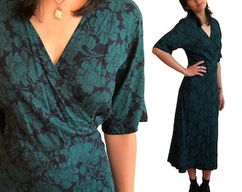 Vintage Blue Green Floral Laura Ashley Wrap Midi Fit and Flare Dress with Kimono Sleeves and a V-Neck