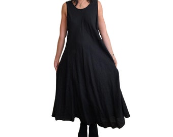 Vintage Black Magaschoni Linen Tank Shift Bias Cut Maxi Aline Dress / Long Flowy Summer Oversized Dress
